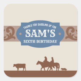 Sticker Carré Enfants Western Anniversaire Party Bleu/Merci Brow