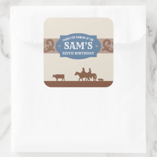 Sticker Carré Enfants Western Anniversaire Party Bleu/Merci Brow