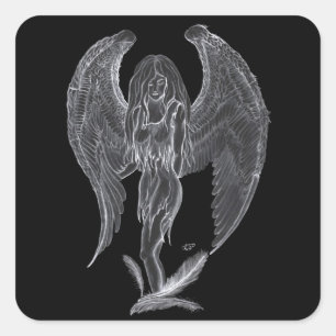 Sticker Carré Engel Bleistiftzeichnung Design noir et blanc