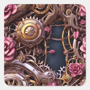 Sticker Carré Engrenages métalliques et roses roses roses Steamp