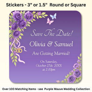 Sticker Carré Enregistrer La Date - Fleurs De Mauve Violet & Bla
