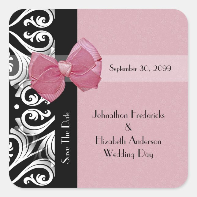 Sticker Carré Enregistrer La Date Mariage Parisien Pink Ribbon (Devant)