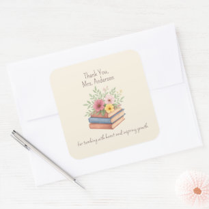 Sticker Carré Enseignant Merci - Aquarelle Livres & Fleurs -