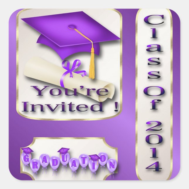 Sticker Carré Enveloppe de graduation violet et or scellée (Devant)