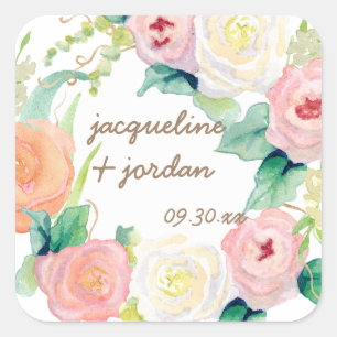 Sticker Carré Enveloppe Sceau Simple Moderne Aquarelle Rose Flor
