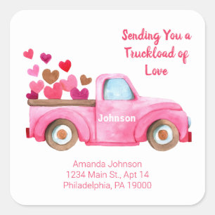 Sticker Carré Envoi Vous Aimer Coeurs & Camion Pink Aquarelle
