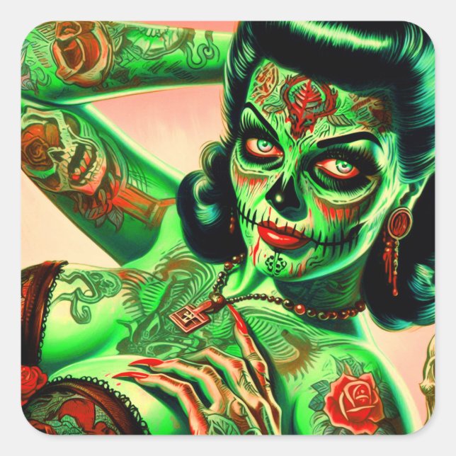 Sticker Carré Épingle Zombie tatouée (Devant)