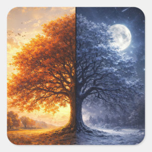 Sticker Carré Équinoxe d'automne et nuit de l'arbre de lune d'hi