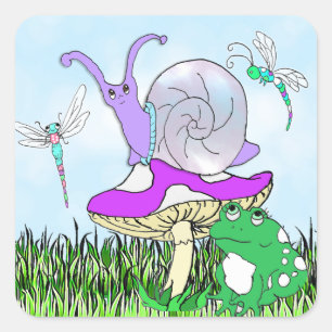 Sticker Carré Escargot mou, grenouille et libellules
