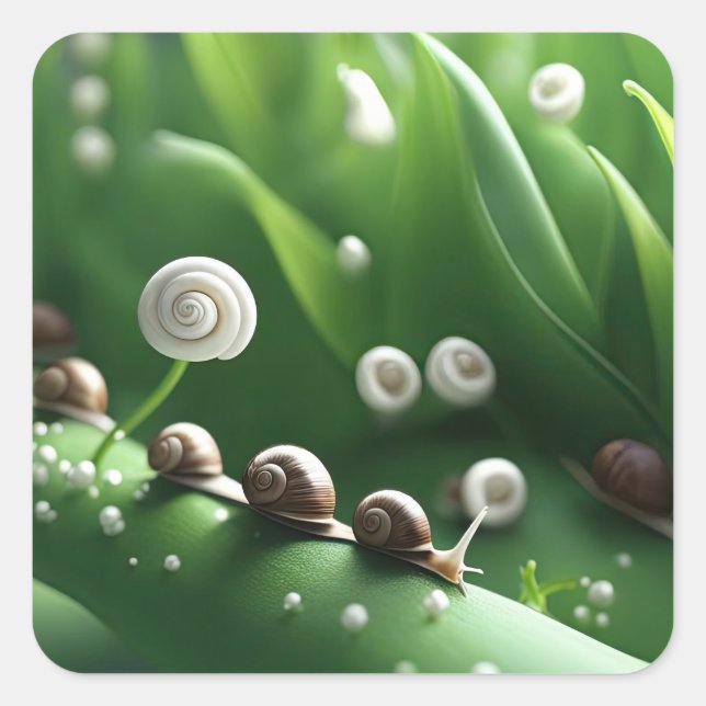 Sticker Carré Escargots alignés sur des plantes verts (Devant)