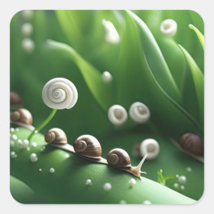 Sticker Carré Escargots alignés sur des plantes verts