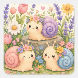 Sticker Carré Escargots mignons kawaii avec des fleurs