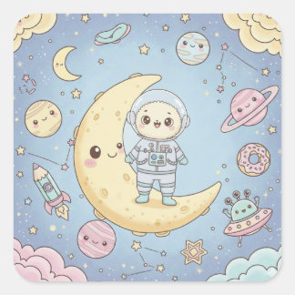 Sticker Carré Espace Mignon Kawaii - Astronaute et Lune Souriant