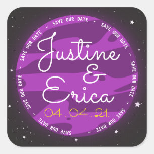 Sticker Carré Espace Planète Violet Thème Économisez Notre Date