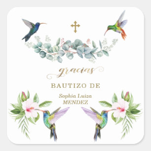 Sticker Carré Espagnol Hibiscus rose Fleurs Eucalyptus Bautizo