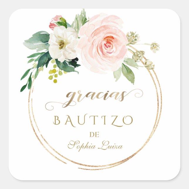 Sticker Carré Espagnol unique rose Blush Floral or Bautizo (Devant)