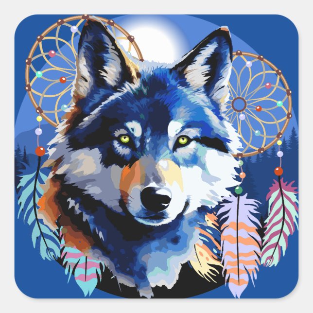 Sticker Carré Esprit animal indigène Wolf (Devant)