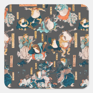 Sticker Carré Estampe japonaise de grenouille sur bois Kuniyoshi