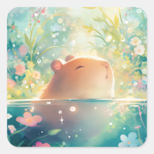 Sticker Carré Étang de jardin floral Capybara