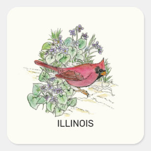 Sticker Carré État de l'Illinois Oiseau et fleur