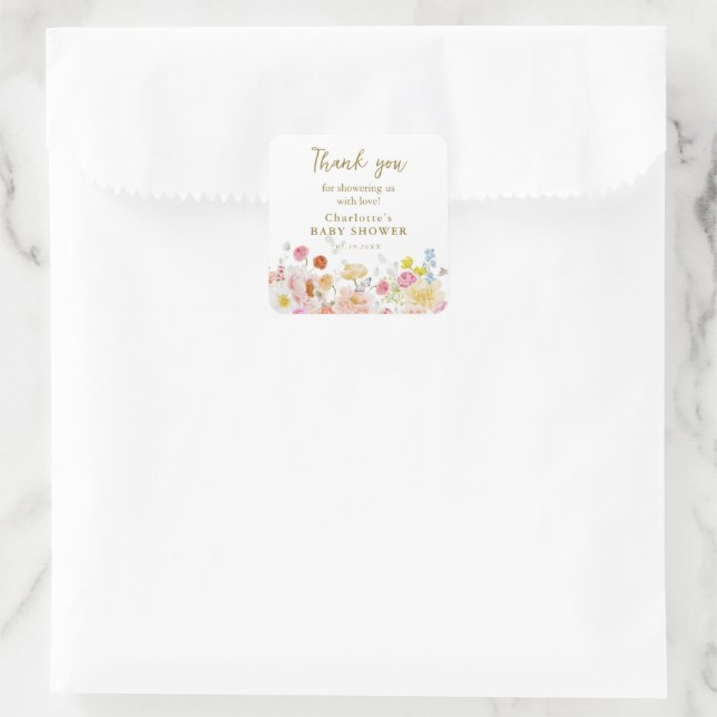 Sticker Carré Été Luxe Floral Fleur Baby shower Merci (Sac)
