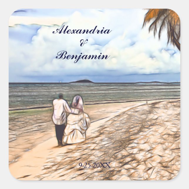 Sticker Carré Été Tropical Beach Bride Groom Mariage Personnalis (Devant)
