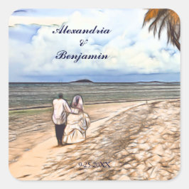Sticker Carré Été Tropical Beach Bride Groom Mariage Personnalis