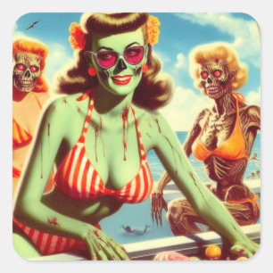 Sticker Carré Été Zombie Pin up