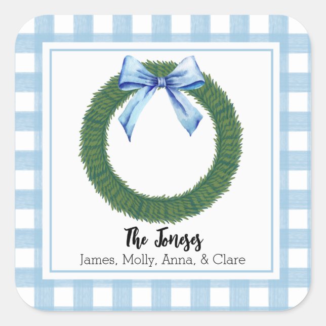Sticker Carré Étiquette-cadeau Aquarelle bleue Plaid Bow Wreath (Devant)