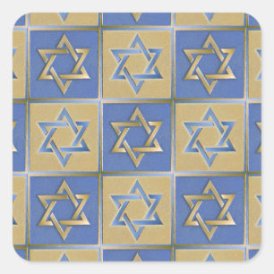 Sticker Carré Étoile de David Judaica Métal Or Bleu