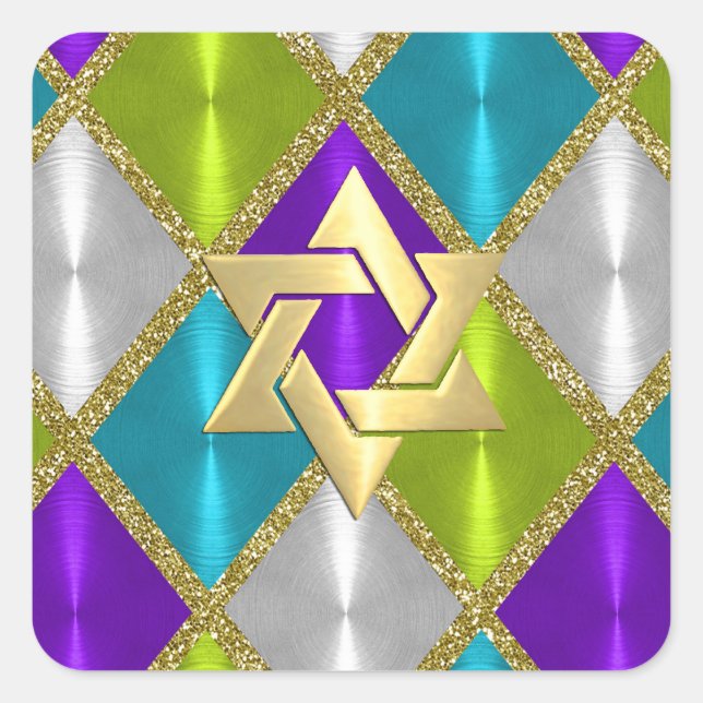Sticker Carré Étoile de David Turquoise Purple Diamonds (Devant)