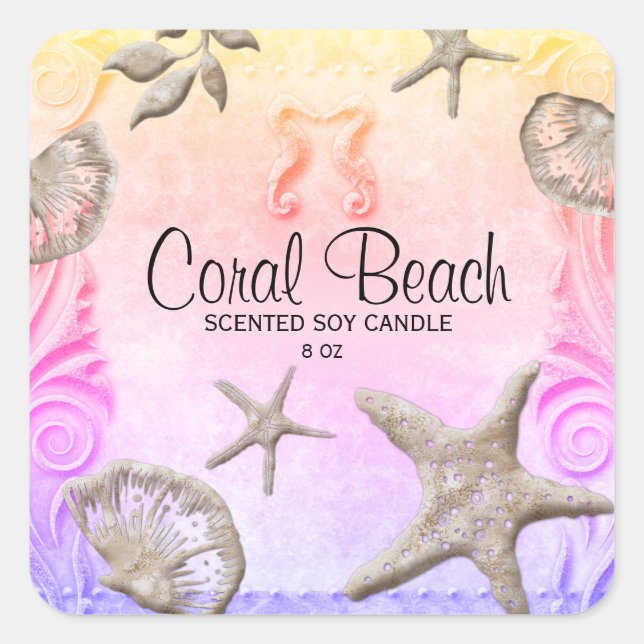 Sticker Carré Étoile de mer de plage Bougie Hippocampe Pastel (Devant)