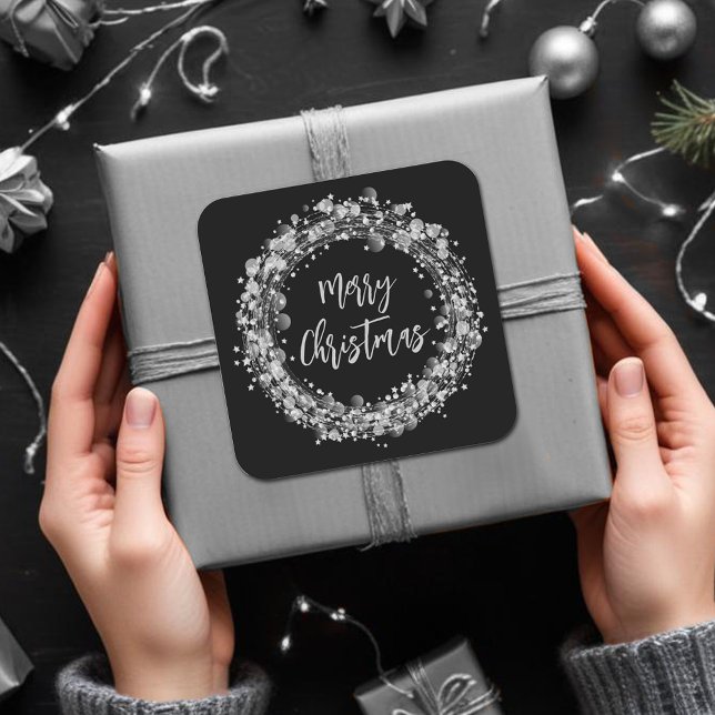 Sticker Carré Étoiles d'argent Joyeux Noël (Silver Stars Merry Christmas Round 3" Stickers)