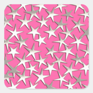 Sticker Carré Étoiles d'argent sur fuchsia rose