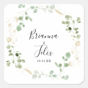 Sticker Carré Eucalyptus d'or Foliage Mariage Enveloppe Phoques