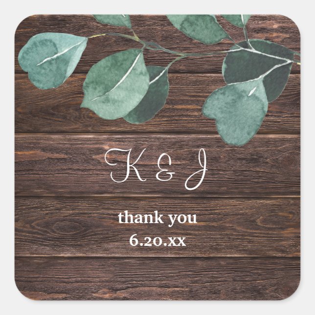 Sticker Carré Eucalyptus et bois vert Monogramme (Devant)