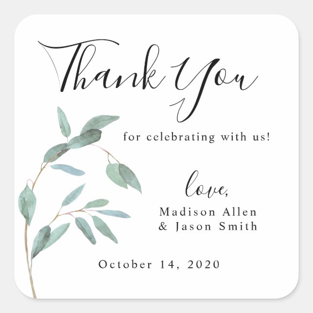 Sticker Carré Eucalyptus Feuille de verdure Merci Mariage simple (Devant)