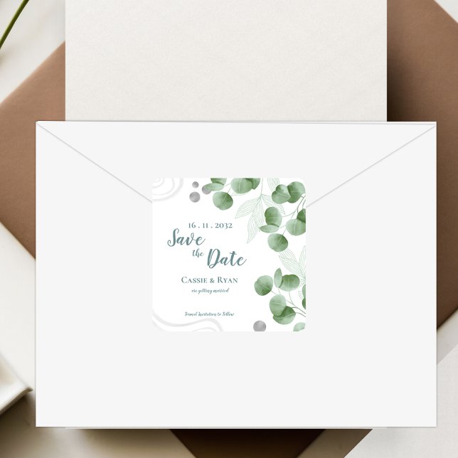 Sticker Carré Eucalyptus Feuilles mariage Sauvez la date (Greenery Eucalyptus Leaves Wedding Save the Date Square Sticker)