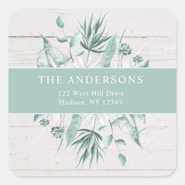 Sticker Carré Eucalyptus Greenery Rustic Holiday Adresse de reto (Devant)