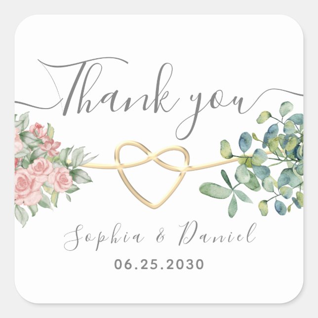 Sticker Carré Eucalyptus verdure Élégant Merci de mariage (Devant)