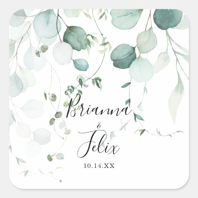 Sticker Carré Eucalyptus vert d'été Mariage Enveloppe Phoques (Devant)