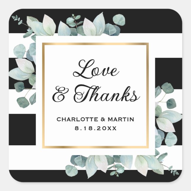 Sticker Carré Eucalyptus vert noir blanc Mariage or (Devant)