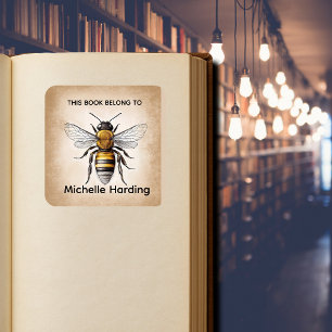 Sticker Carré Ex-libris Abeille Vintage « Ce livre appartient