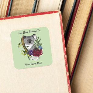 Sticker Carré Ex-libris Australien Vert Ourson Koala Mignon