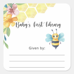 Sticker Carré Ex-libris Baby Shower abeille, livres pour bébé