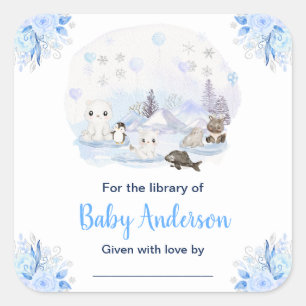 Sticker Carré Ex-libris Baby Shower Animaux Joyeux Hiver