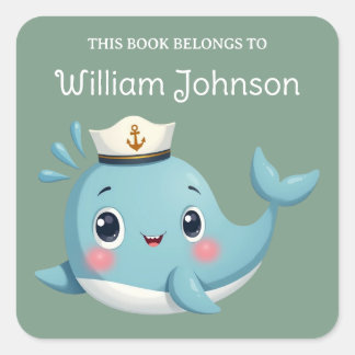 Sticker Carré Ex-libris Baleine Bleue Mignonne Enfants