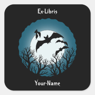 Sticker Carré Ex-libris Bats and Trees Against the Moon