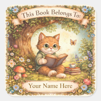 Sticker Carré Ex-libris - Chat lisant un livre sous un arbre