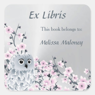 Sticker Carré Ex-libris Chouette et Cerisiers en Fleurs